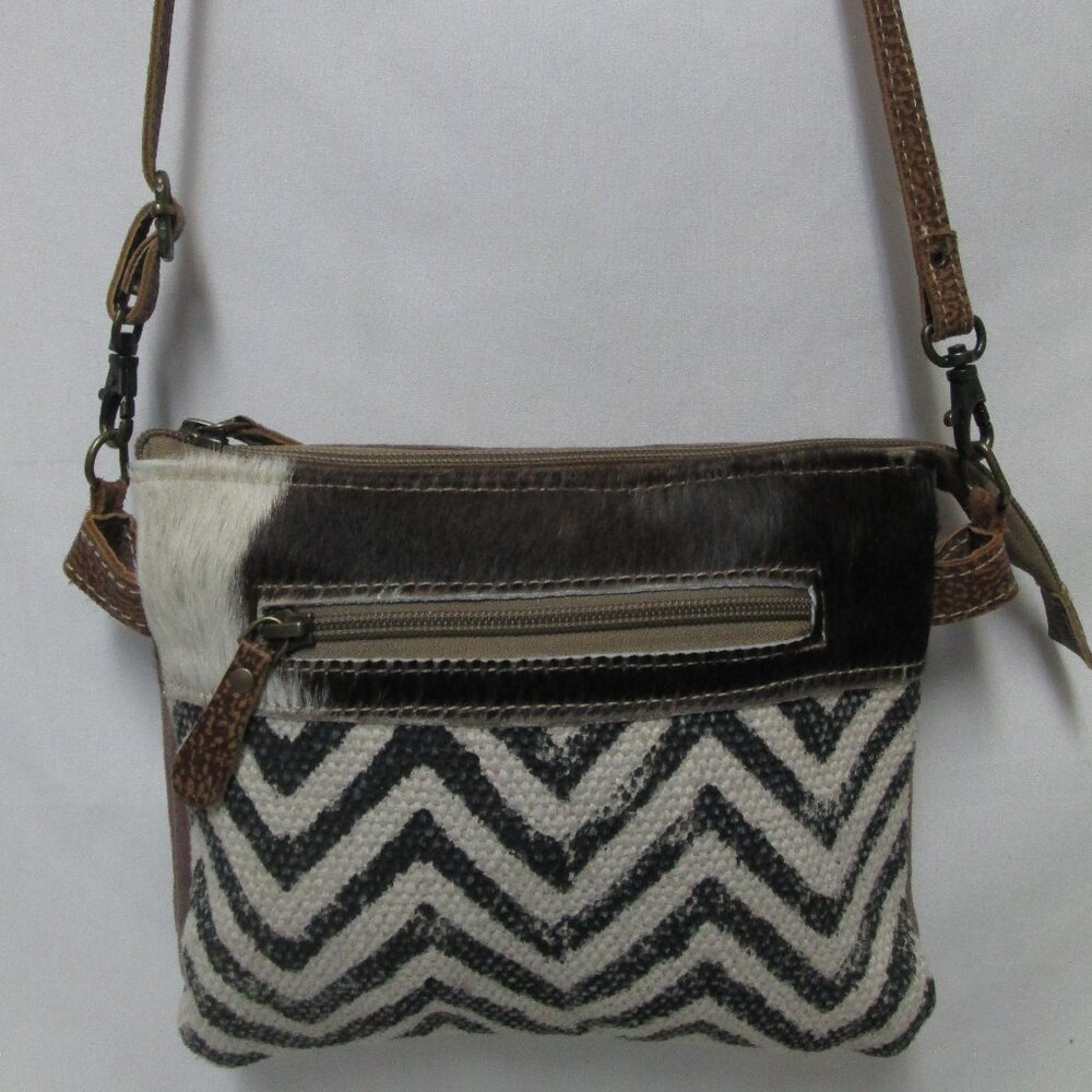 Myra canvas tapestry pony hair fur leather crossbody bag purse adjustable zip